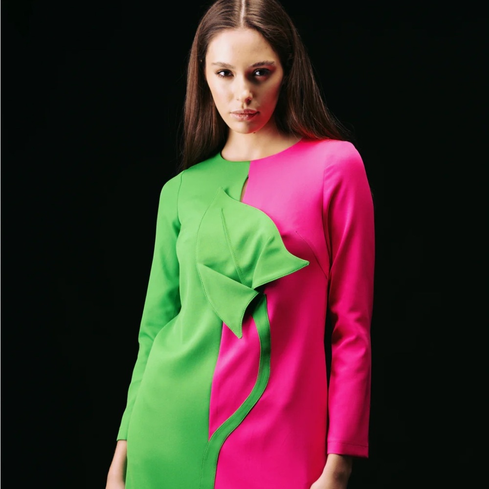 Moldovan Designer Elegant Green and Pink Long Sleeve Dress with sculpted flower - Picture 6 of 6